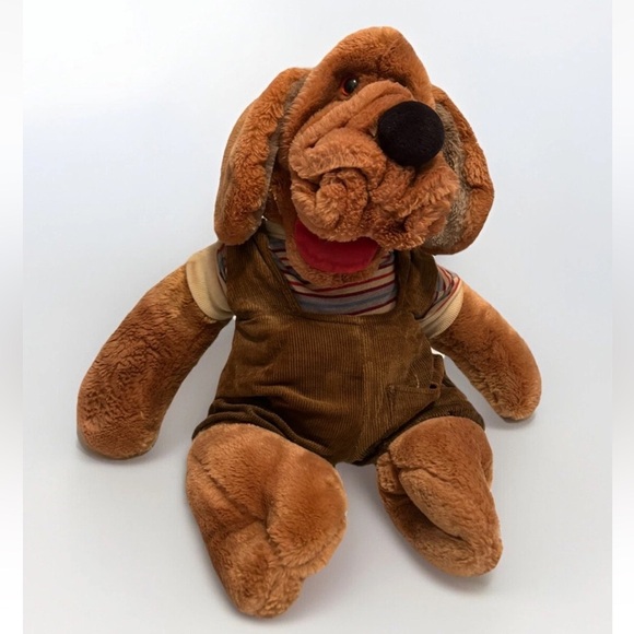 Vtg 1981 Ganz Bros Wrinkles The Dog Hand Puppet Plush Overalls Striped Large 17" - Picture 2 of 6